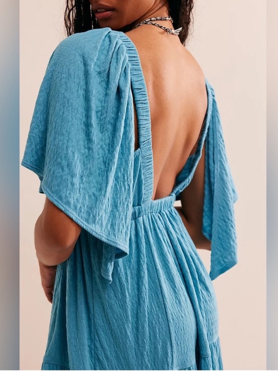 Free People Beach La La Maxi Dress Tiered Flutter Sleeve Teal Blue Green Size S - Picture 13 of 13